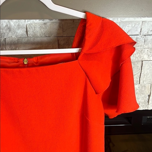 Trina Turk Red Orange Sheath Party Dress, Square Neckline Tiered Sleeves, size 4 - Picture 5 of 13